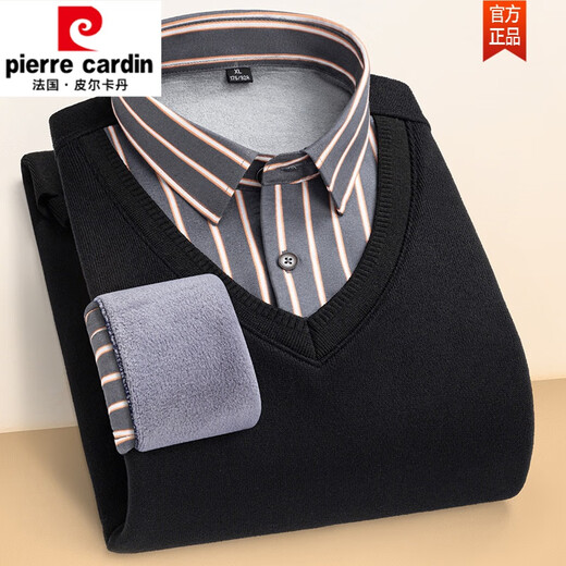 皮尔卡丹（pierre cardin）秋冬新款保暖假两件针织衬衫男长袖加绒加厚套头休闲时尚男款衬衣 6628 XXXXL