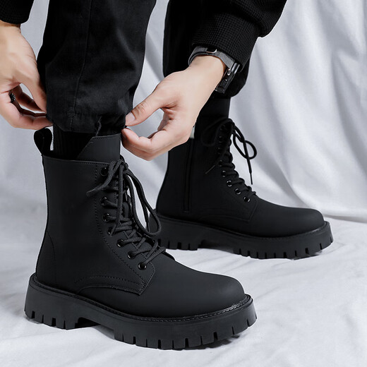 Jingmai Cowide Martin Boots Herren High Top Lederschuhe Herrenstiefel Mittelstiefel Frühling und Herbst Hochverstärkt atmungsaktive schwarze Lokomotive-Stiefel Schwarze High-Top-Matte [Frühling und Sommer] Größe 40 (= Sportschuhe 41)