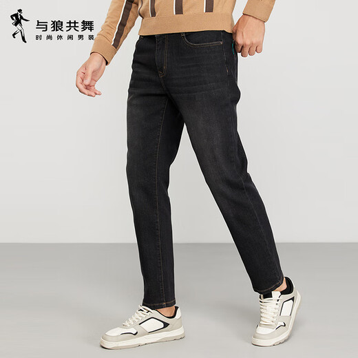 Dances with Wolves Solid Color Upgrade Stretch Comfortable Jeans Men's Long Staple Cotton Blend Pants 002 Black Gray 33