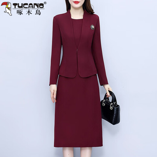 啄木鸟（TUCANO）喜婆婆婚宴装连衣裙女秋冬新款妈M妈晚礼服小西装外套两件套装 酒红色 2XL125-140斤