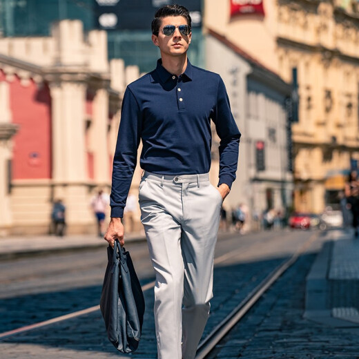 Mr. Bu spring and autumn style men's long-sleeved pure cotton T-shirt patented eight-character collar business casual men's clothing BT11972 deep sea blue XL (180)