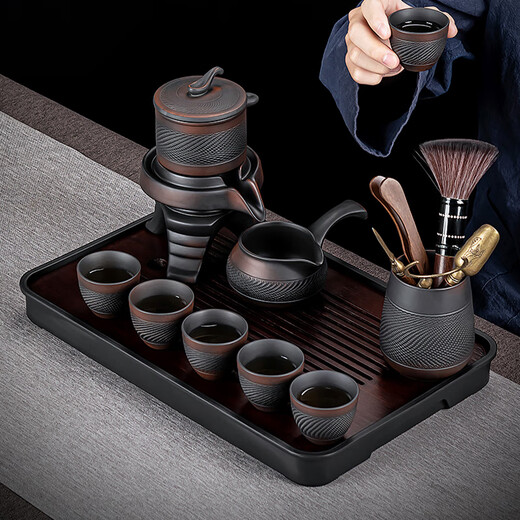 Zhengyang Purple Pottery Automatic Tea Set Office High-end Complete Set Lazy Kung Fu Cup Tea Tray Anti-scalding Teapot Business Gift Purple Pottery Automatic (Jumping Grain) 8 Cups + Tao Can Washable Long Beard Black