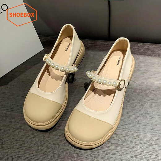 Shoe Cabinet Daphne Group Single Shoes Women's 2024 New Flat Shoes Summer Mary Jane Shoes French Pearl Leather Beige 35