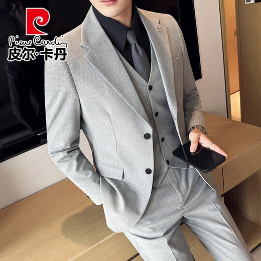 Pierre Cardin Suit Suit Men's Business Professional Formal Wear Groom Wedding Dress Men's Casual Slim Knitted Suit Jacket Fashion Medium Gray (Suit + Pants) 6XL