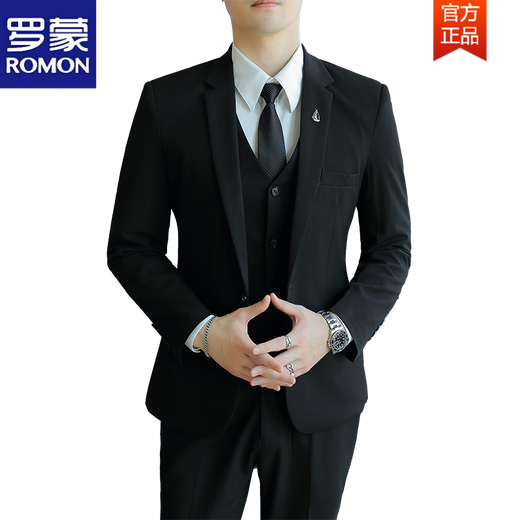 罗蒙（ROMON）西服套装男士韩版修身外套新郎结婚礼服商务职业正装小西装男 黑色-双扣三件套-西服+裤子+马甲 L 108-123斤
