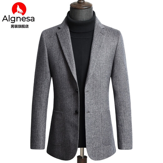 AIGNESA autumn and winter high-end wool suit men's herringbone wool casual suit tweed slim single suit woolen top jacket herringbone gray 190/104XXXL