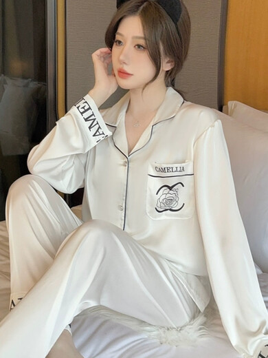 珍韵缘冰丝睡衣夏季女长袖薄款开衫性感仿真丝高级感白色甜美家居服 13807#白色 L