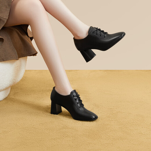 Qianbaidu Sheepskin Small Ankle Boots Autumn New Fashion Shoes Women's Short Boots Commuting Genuine Leather High Heels Thick Heels Black 37