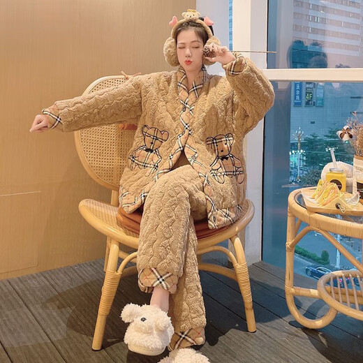 Catman three-layer cotton pajamas for women in autumn and winter thickened coral flannel flannel internet celebrity home clothing DLM-6621# three-layer cotton thickened M Recommended 80-100Jin [Jin equals 0.5 kg]