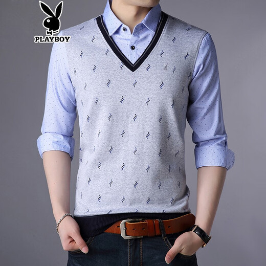 
Playboy spring long-sleeved T-shirt men's cotton T-shirt middle-aged and young people's large size T-shirt base shirt men's thin fake two-piece clothes autumn clothes 3878 red 165/M