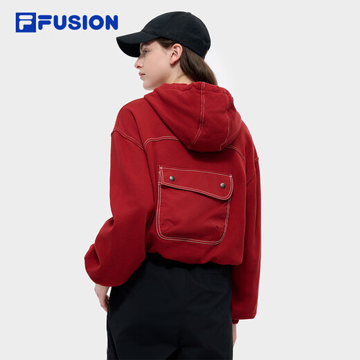 FILA FUSION women's trendy hooded sweatshirt winter new fashion casual knitted top wine milk red-WI S