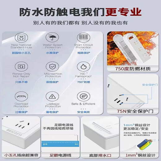 KPQ zero-touch KPQ non-electric shock socket IPX9 level waterproof overload short circuit protection plug strip outdoor rainproof plug strip kitchen bathroom moisture-proof children's anti-electric shock DF02 total length 1.6 meters