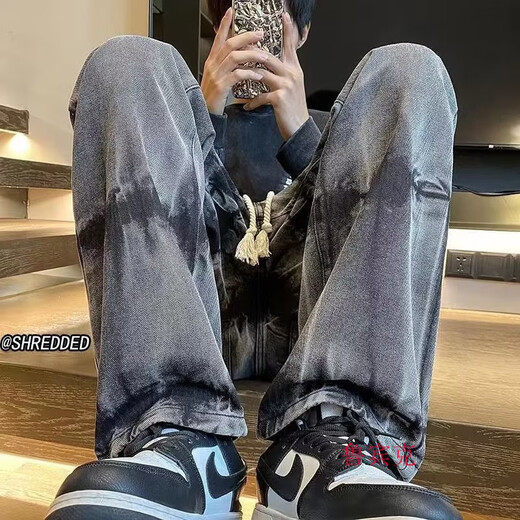鲁宾克扎染复古牛仔裤男春秋款潮牌大码直筒阔腿裤美式vibe高街休闲裤子 YC-7170蓝色 2XL