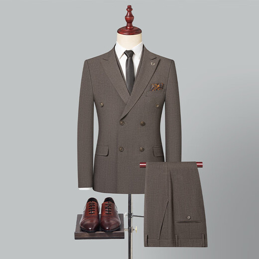 Shanghai-style Haoyu suit men's slim business formal suit three-piece double-breasted lapel collar groomsmen suit groom's suit 8935 dark khaki (suit + vest + trousers) XL (175)
