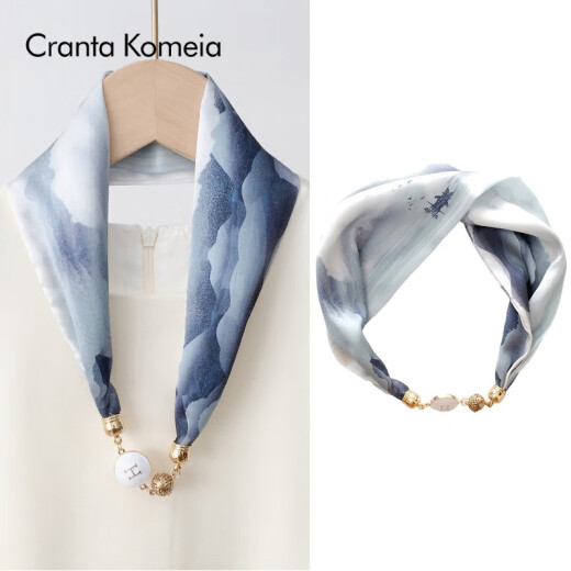 CRANTA KOMEIA官网丝巾女2025新款方巾珍珠磁吸扣围脖领巾妈妈生日礼物送老婆 蓝色若叶 高级感ck风送老婆女朋友实用高档