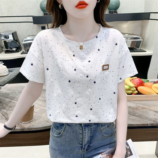 Zhidou Dou DOU Damen Kurzarm Top Damen Mode weißes T-Shirt 2024 Neuer Stil Mode High-End-Ins Trendy 1396# STAR# S S Empfohlen 80-Jin [Jin ist 0,5 kg]