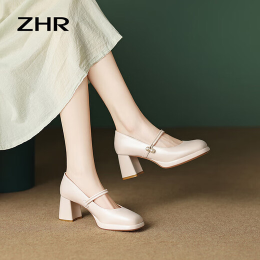 ZHR单鞋女浅口粗高跟玛丽珍鞋子女复古方头增高女鞋 SA37 米色 36 