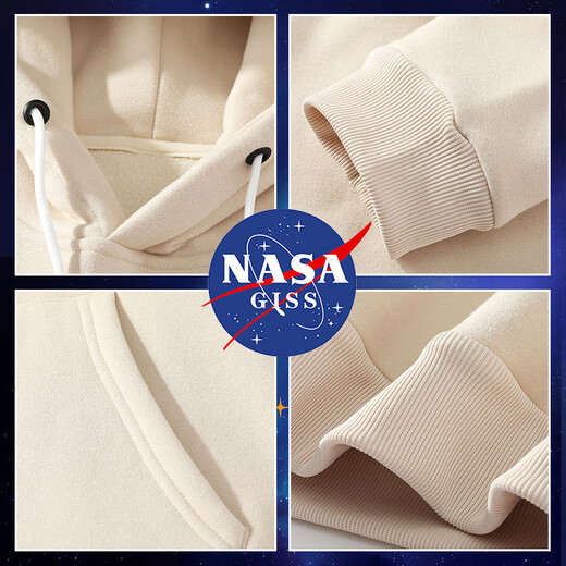NASA GISS Official Trendy Brand Hooded Sweatshirt Men's Velvet Thickened Loose Jacket Teen Tops White Velvet L