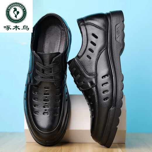 Spechtsandalen für Männer Sommer Neues echtes Leder atmungsaktives lässig Lederschuhe für Herren Hollow Hole Schuhe Weiche Sohle Vaters Schuhe 6627 Black Hollow 39