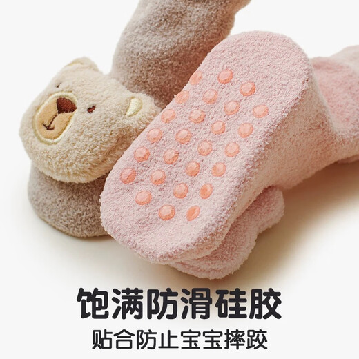 棉孖婴儿地板袜秋冬季珊瑚绒可爱卡通防滑点胶宝宝学步鞋袜新生儿袜子 粉色 1双 S 码 袜底长8cm（建议0-6个月）
