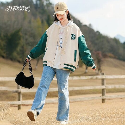 Sugar Cube Girl Baseball Suit Women's Autumn Clothing American Contrasting Girls High School Girls Casual Jacket Top Junior High School Students Coat 9908DYR Beige Jacket + 9913 Jeans M
