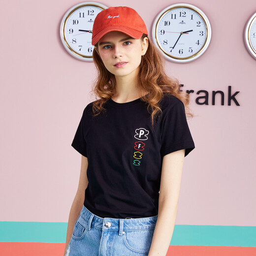 PaulFrank/Big Mouth Monkey Summer Short Sleeve T-shirt Women's Korean Solid Color Print Slim Fit PFCTE202425W Black XL