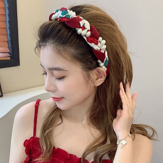 Beautiful Princess Korean version of high-end retro pearl twist headband, feminine wide-border non-slip toothed hairpin headband, high-end headwear 1# pearl twist red