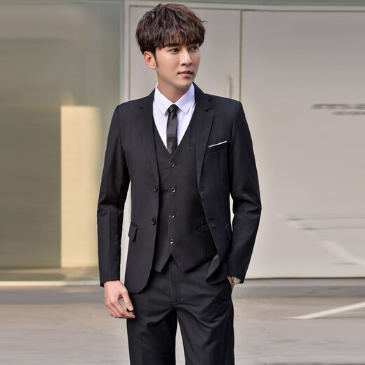 vocacool西服套装男三件套商务休闲职业正装结婚礼服大码西装学生西服外套 黑色西服外套+裤子+白衬衫+领带 L/106-119斤
