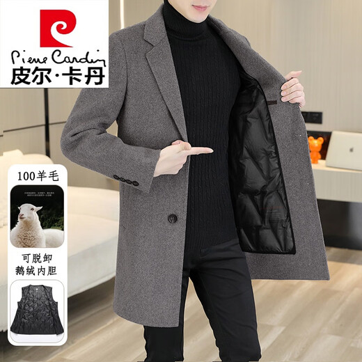 Pierre Cardin Goose Down Double-sided Woolen Coat Men's Wool Woolen Windbreaker Mid-Length Wool Wool Jacket Spring Autumn Winter Knitted Black (100 Wool + Goose Down Liner) XL 140-155Jin Jin is equal to 0.5 kg