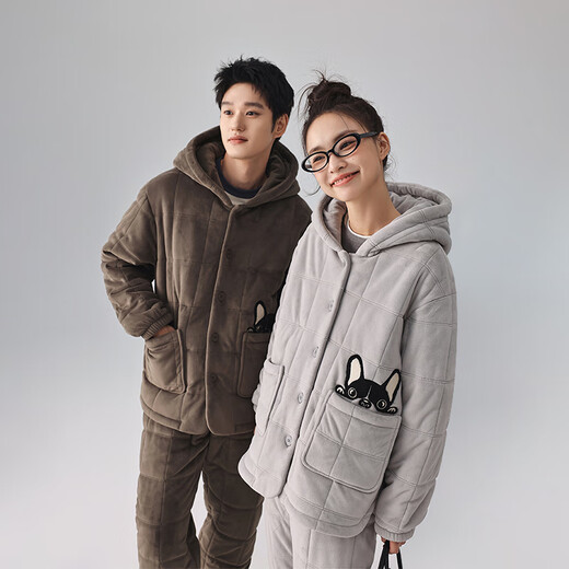 Kissing Cat Hooded Island Velvet Quilted Couple Pajamas Women's Winter Suit Three Layers Thickened Men's Home Clothes Outerwear 7032 Tea Brown Men L