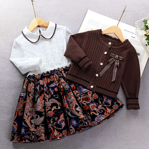 Little Bear Elf (xiaoxiongjingling) Girls Fashion Sweater Dress Autumn and Winter Children's Fashionable Princess Dress Medium and Big Children Suit Skirt Little Girls Knitted Burgundy No Velvet (Sweater Cardigan Dress Corsage) Size 150 (Recommended Height 140-150 cm)