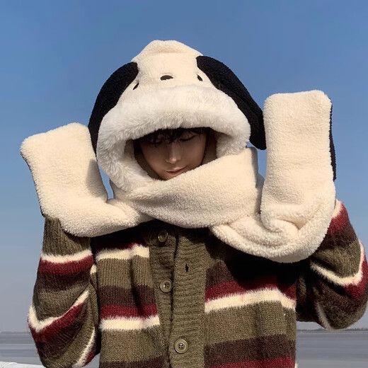 Memaru Warm Hat Men's Winter Hat Gloves Scarf All-in-One Warm Cycling Winter Cold Protection Ear Protector Men's Autumn and Winter Puppy Beige