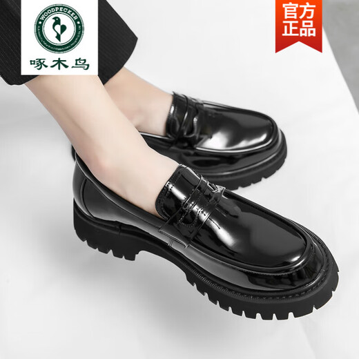 Woodpecker Men's Moders 2025 Nouvelles chaussures pour hommes Souleuses épaisses semelles brillantes Chaussures en cuir à tendance Lazy Chaussures 3519 Black High Quality version 40