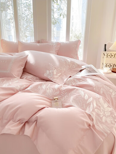 Mercury Series Class A light luxury style Xinjiang long-staple cotton four-piece pure cotton embroidered quilt cover pure cotton simple fitted sheet high-end bedding maternal and infant grade A class cotton (pink) 1.8m bed sheet style four-piece quilt cover 200x230cm