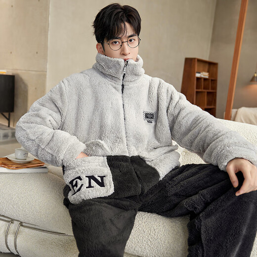 少年情话睡衣男珊瑚绒冬季加绒加厚男款大码棉袄青年保暖可外穿家居服套装 1349N浅灰+黑色 男L(100-135斤)