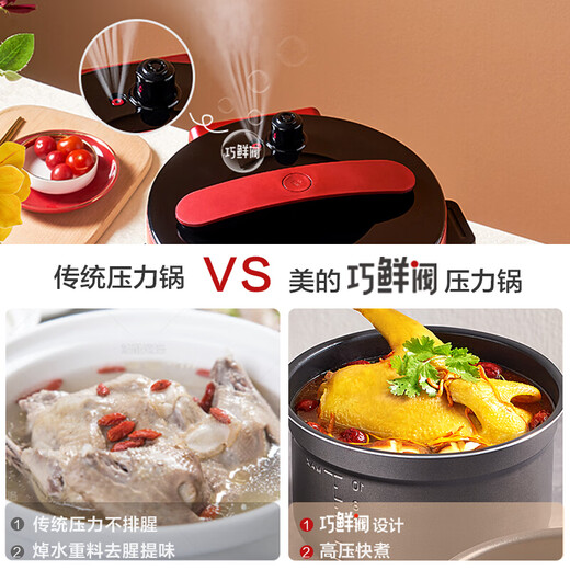 美的（Midea）电压力锅家用大容量多功能煮饭煲汤智能预约电高压锅不粘锅蒸饭煲 红色5升双胆MY-50M3-756