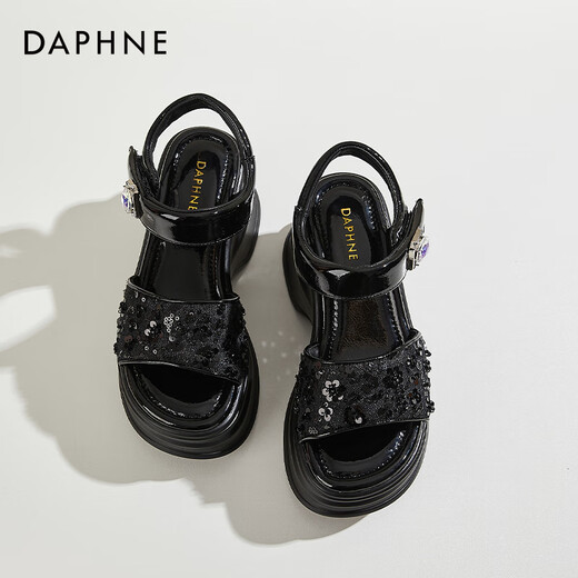 达芙妮（DAPHNE）凉鞋女外穿一字带夏季新款时尚仙女风软底轻便水钻魔术贴女鞋 黑色 跟高9cm 36 (230mm) 标准码