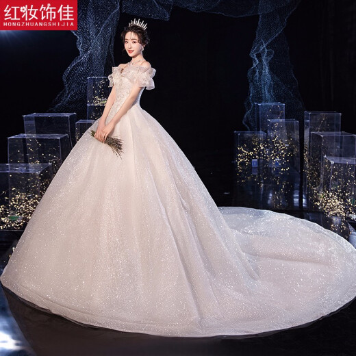 Red makeup and good decoration 2022 new main wedding dress bride forest style starry sky heavy industry luxury one-shoulder wedding dress with large tail [ruffle collar] floor-length M