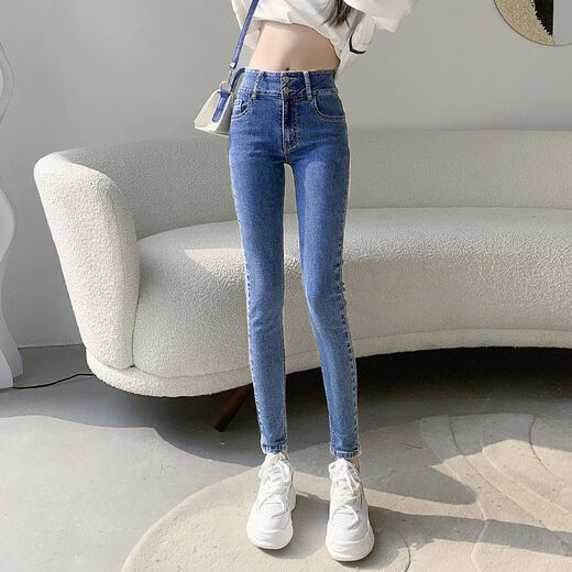 爱麦依蓝灰色牛仔裤女高腰显瘦2024年夏季新款弹力紧身显瘦小脚铅笔裤子 蓝灰【送腰带】 833 常规 27 建议90-100斤