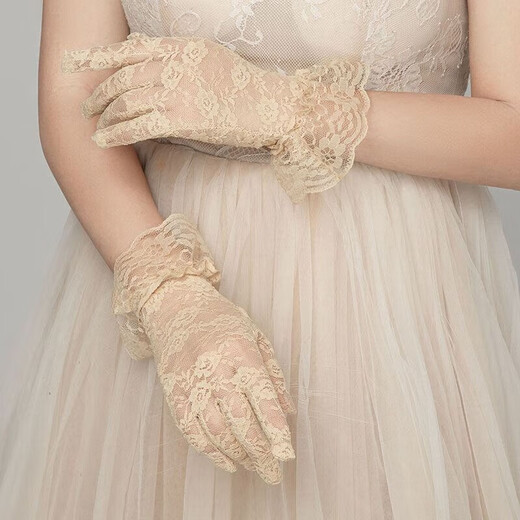 山头林村新娘手套短款结婚婚纱蕾丝韩式婚礼红色珍珠秀禾服薄款婚纱开车秋 O53-Q-红色 均码