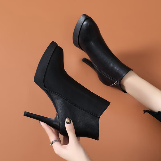 Belle-Ta-Serie Marke Leder Leder Kurzstiefel High Heels 2025 Herbst und Winter sowie Samt Frauenstiefel Dünne Absatz wasserdichte Plattform Dicke Sohle Martin Stiefel Knöchel Schwarz 36