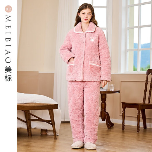 American Standard special offer three-layer thickened coral velvet quilted pajamas for women in autumn and winter, warm and wearable home clothes, peach pink L