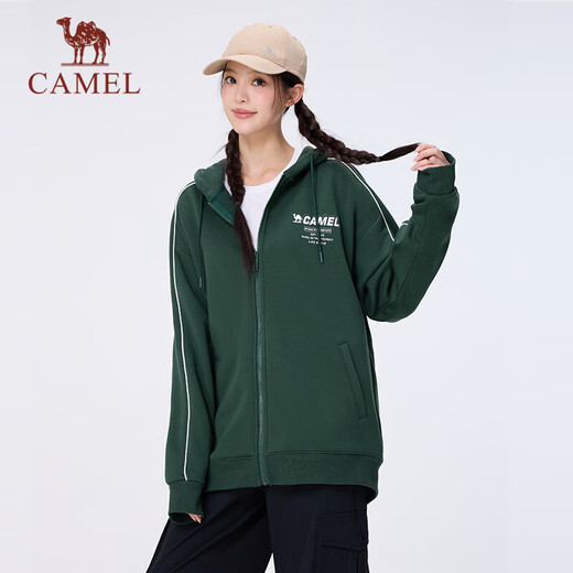 Camel plus velvet sweatshirt for men and women knitted hooded jacket fashionable versatile comfortable and skin-friendly warm sweatshirt J34CAY6624, black jade green, same style for men and women 2XL
