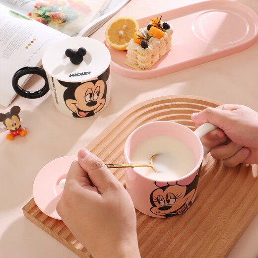 Disney Mickey Water Cup Ceramic Cup Good-looking Mug with Cover Couple Cup Home Drinking Cup Can Be Engraved Pink (With Cover + Spoon) Can Be Engraved