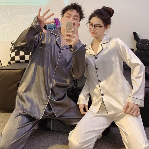 YIMENGTO Yimen Camel Couple Ice Silk Pajamas Men and Women Spring and Autumn Long Sleeve Plus Size 200 Jin Jin equals 0.5 kg Feeling Loose Homewear Set 8616 Female-8617 Male L Men's Style (100-120 Jin Jin equals 0.5 kg