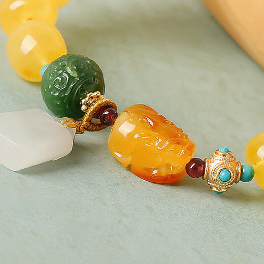 Longyin Natural Beeswax Bracelet Men's Pixiu Amber Bracelet Women's Gold Twist Honey Buddha Beads Rosary Bucket Beads Birthday Gift YJ 8*9mm Bucket Beads White Jade Style