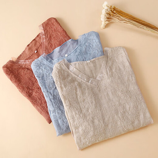 Zimu Cotton Leinen 2023 Sommerkleidung für Frauen, literarische, vielseitige, lose, retro und modische Oberseite, kurzärmeliges Hemd, 6296 Brick Red M (Empfohlen 95-115 Jin [Jin ist 0,5 kg]))