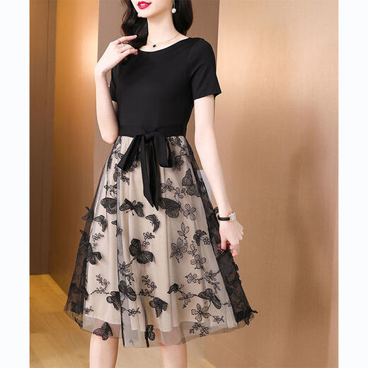 AIMANJIE light luxury brand celebrity temperament high-end dress for women this year's popular skirt for summer new embroidered mesh skirt black XL (recommended 112-122Jin [Jin equals 0.5 kg])
