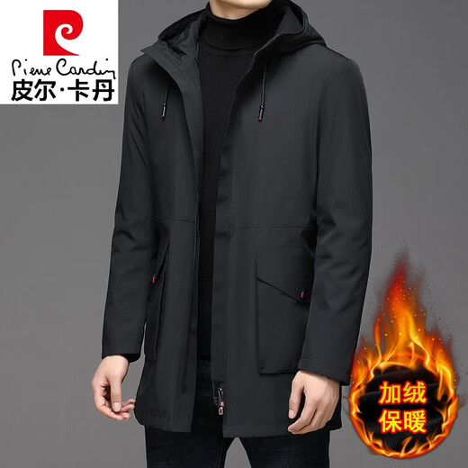 皮尔卡丹 加绒风衣男中长款商务休闲爸爸茄克外套春秋新款宽松茄克衫针织 ZS829黑色(款) 加绒 M 170
