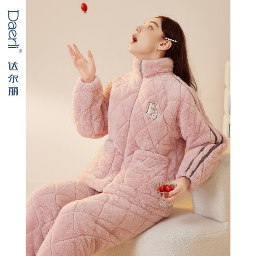 Dalli couple pajamas winter coral velvet three-layer quilted thickened warm flannel sandwich casual home wear set for women T8237113-011-pink women L
